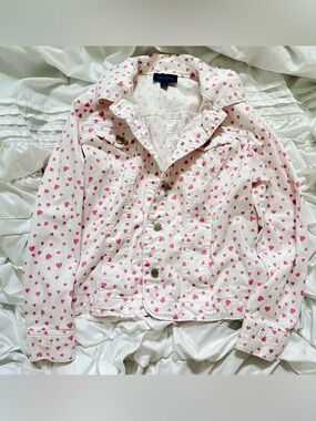 NWOT Charter Club White With Pink Hearts Denim Jacket Women’s Size Large
